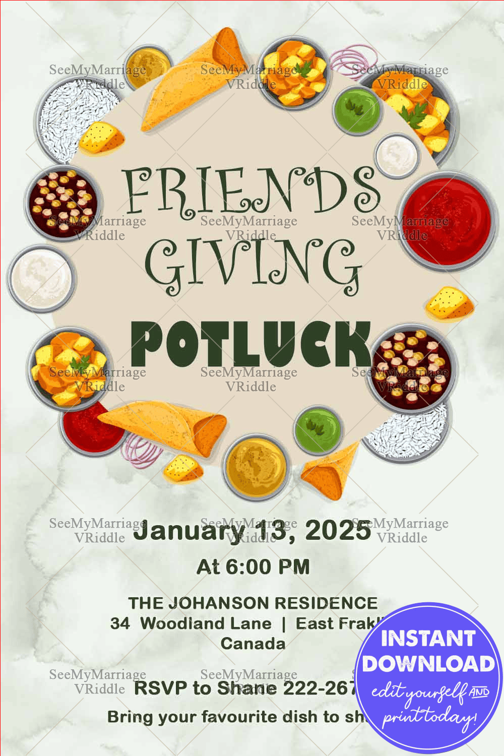 Friendsgiving Potluck Invitation with Vibrant Food Illustrations and Neutral Background