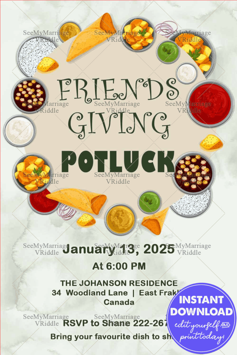 Friendsgiving Potluck Invitation with Vibrant Food Illustrations and Neutral Background
