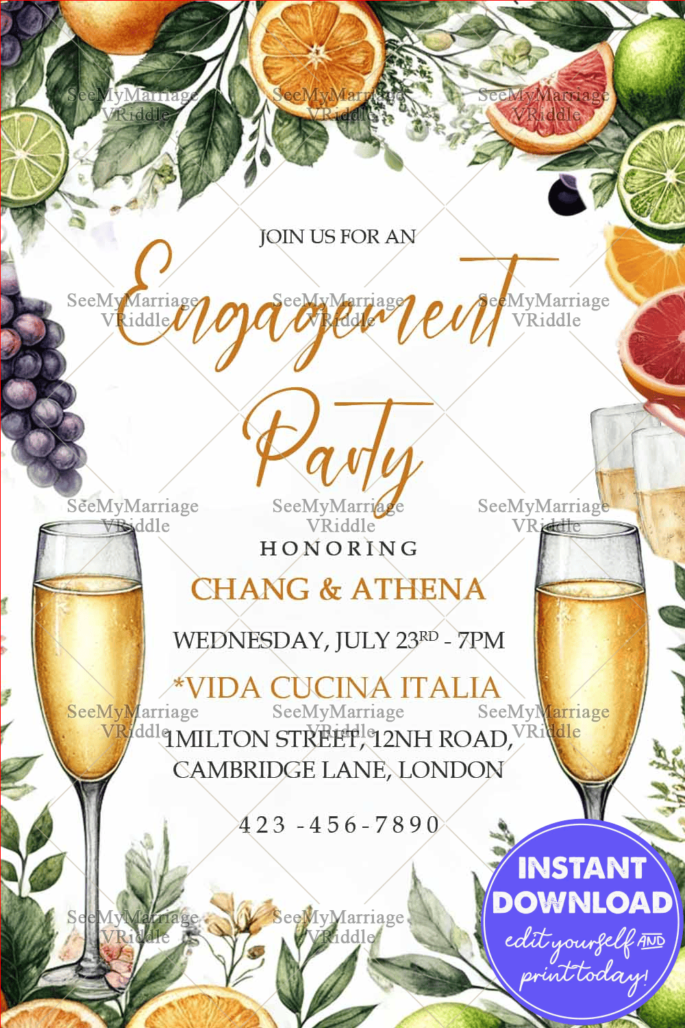 Fruitful Celebration Engagement Party Invitation with Champagne Toast