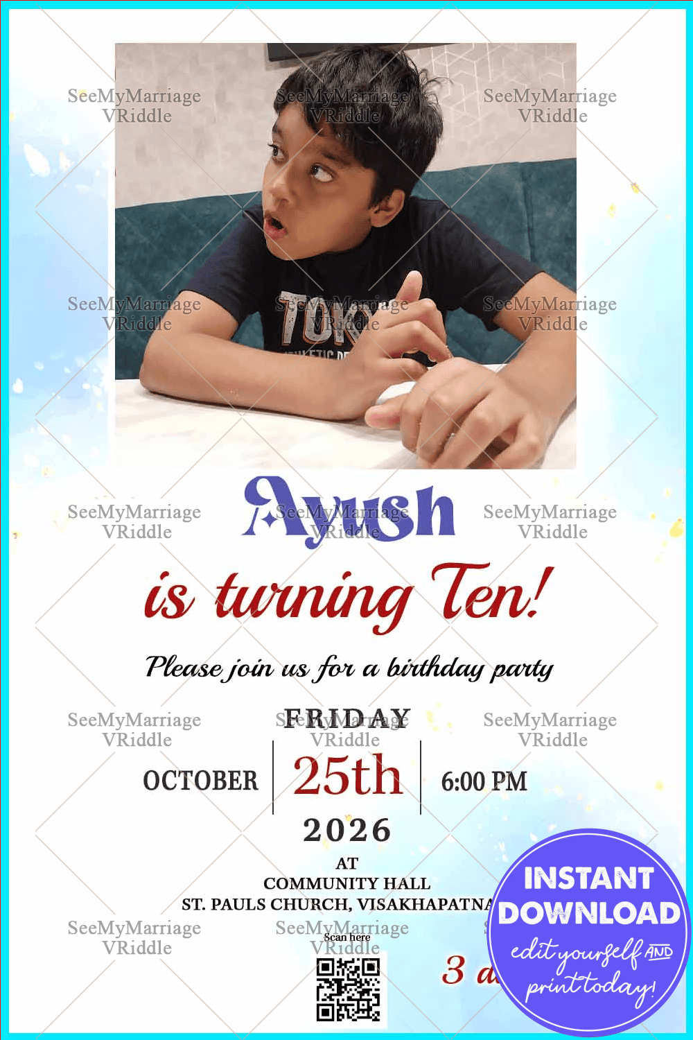 Fun 10th Birthday Party Invitation with Custom Photo and Bold Blue Theme