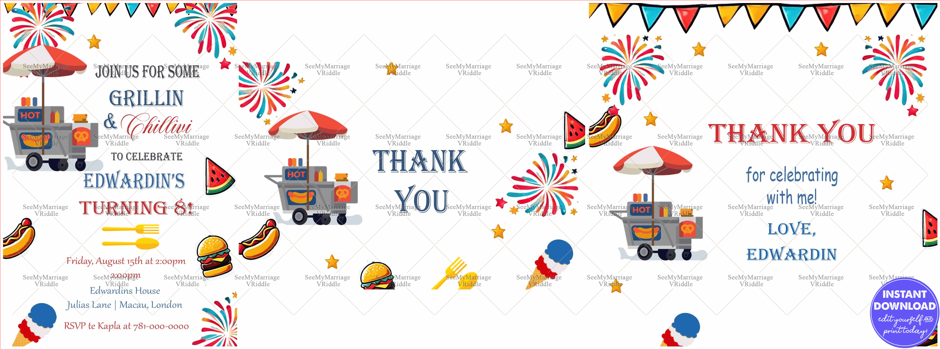 Fun BBQ-Themed 8th Birthday Party Invitation Suite with Grill and Festive Illustrations
