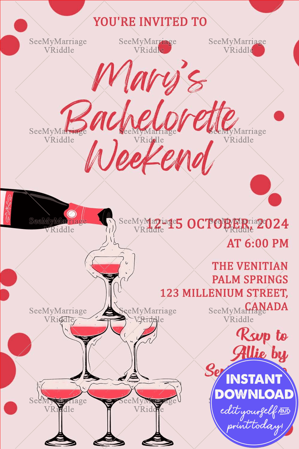 Fun Bachelorette Weekend Invitation with Champagne Tower Illustration and Blush Pink Theme