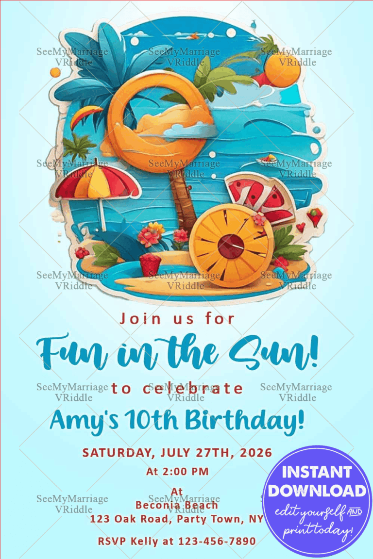 Fun Beach-Themed 10th Birthday Invitation Featuring Tropical Illustrations and Bright Sea Blue Background