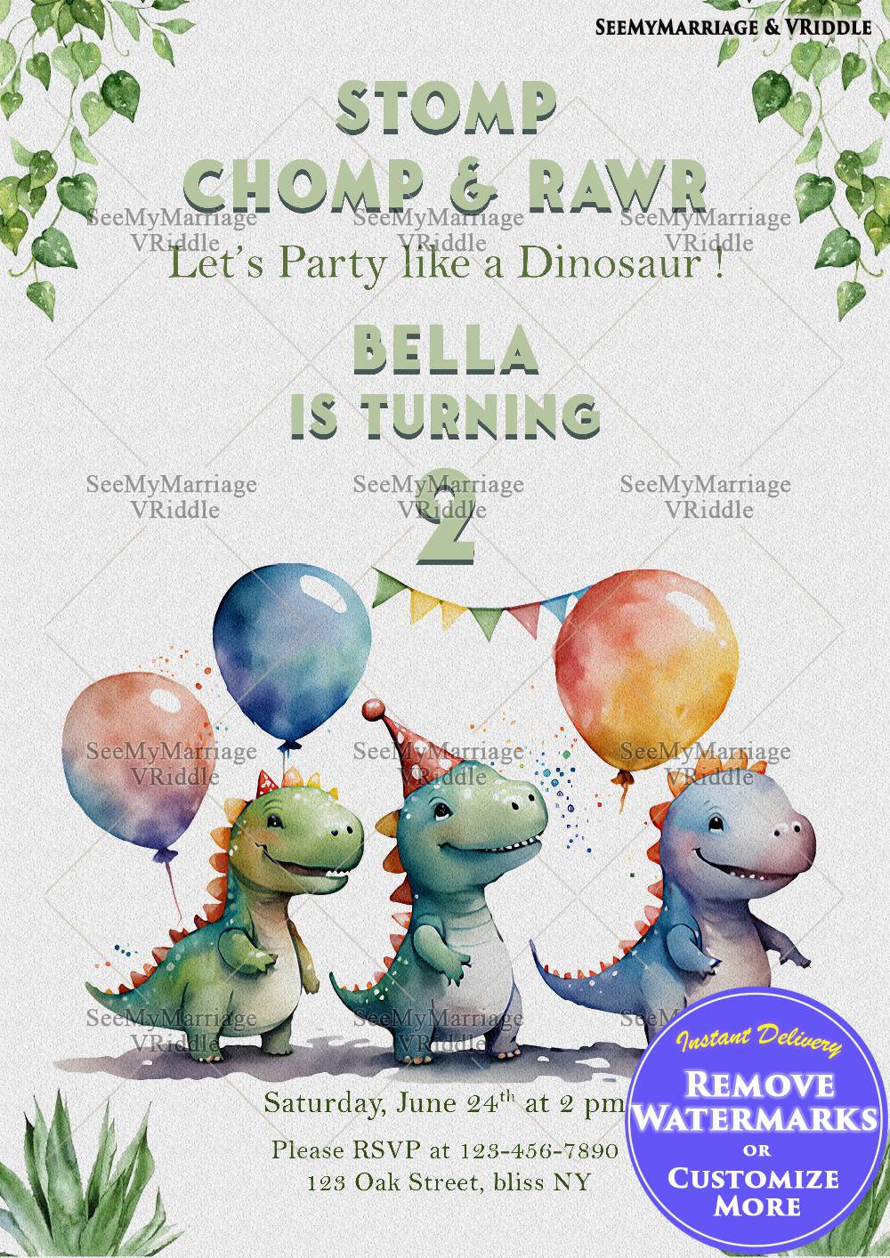 Fun Dinosaur-Themed 2nd Birthday Invitation with Adorable Dinos and Balloons