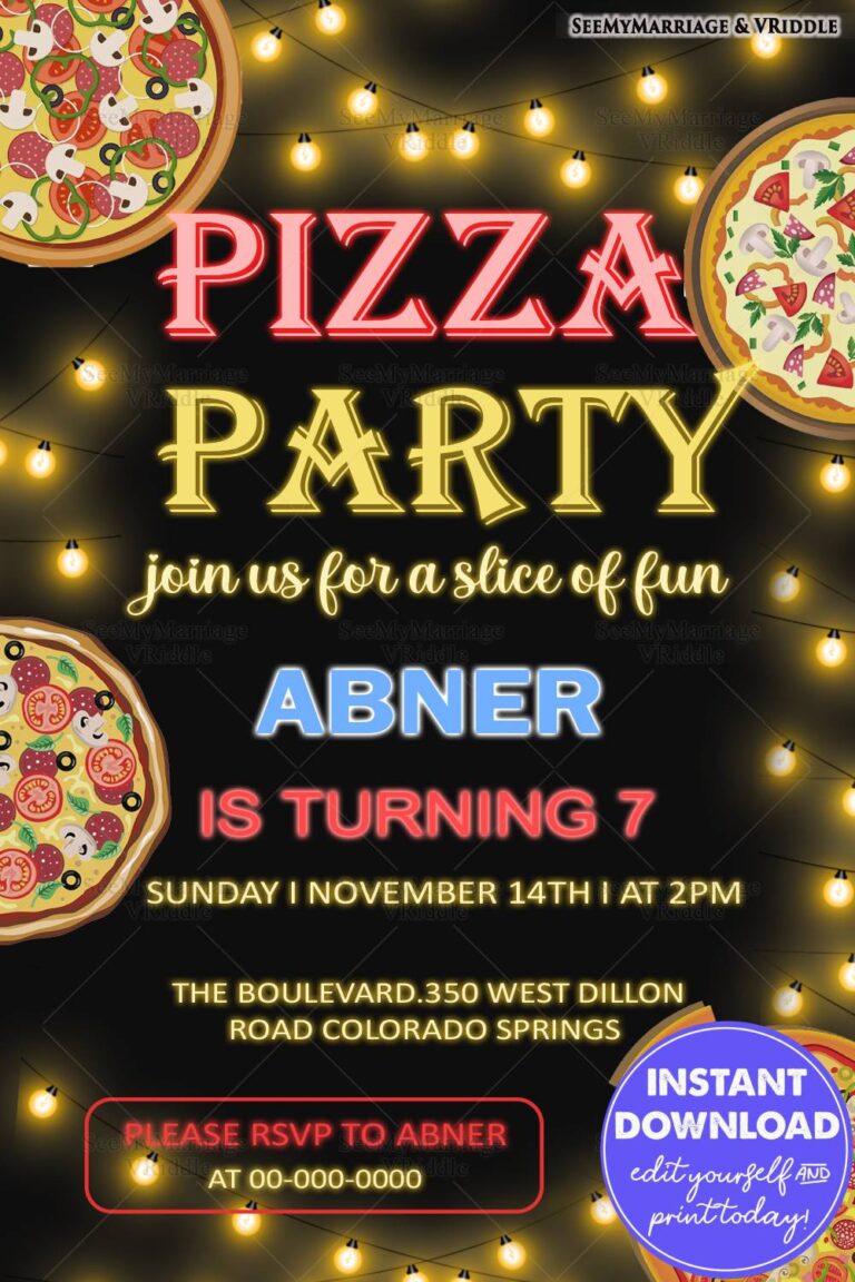Fun Pizza Party 7th Birthday Invitation with Neon Lights and Festive String Bulbs