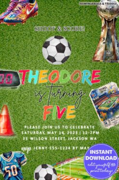 Fun Soccer Themed Birthday Invitation  for 5th Celebration with Turf Background and Soccer Elements