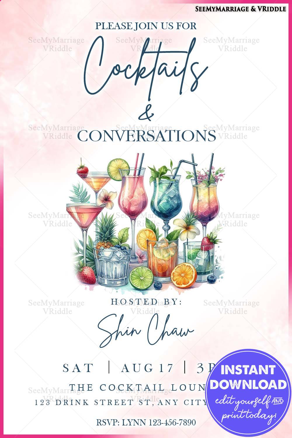 Fun Tropical-Themed Cocktail Party Invite with Vibrant Illustrations for Social Gatherings