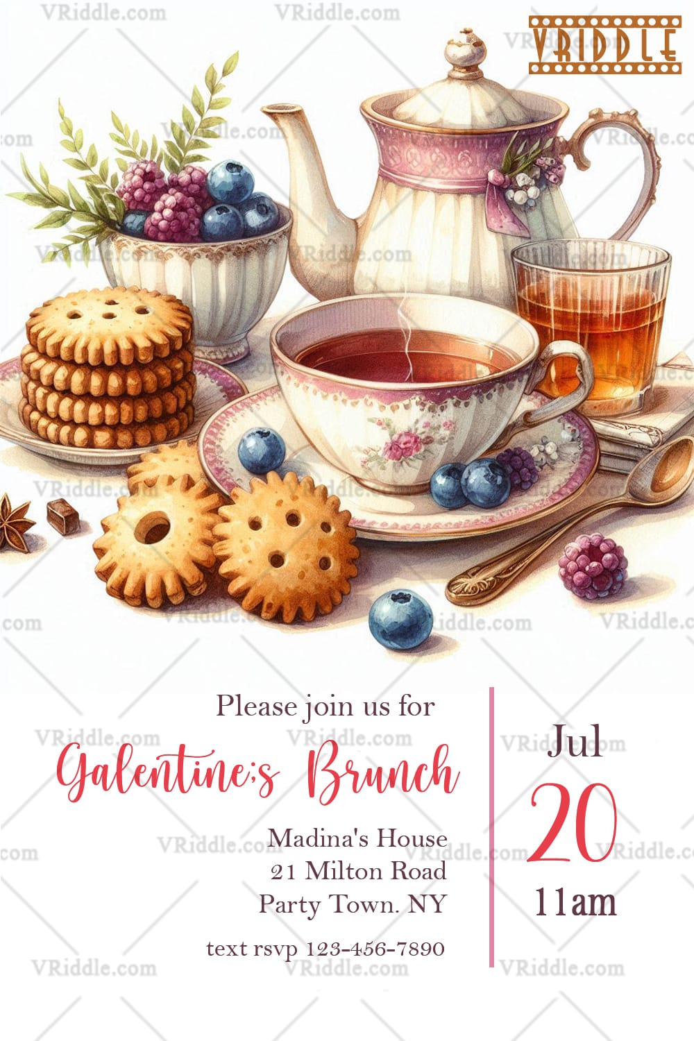 Galentine's Brunch Invitation Vintage Tea Set with Biscuits and Berries Design