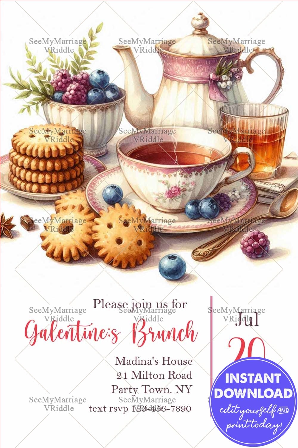 Galentine's Brunch Invitation Vintage Tea Set with Biscuits and Berries Design
