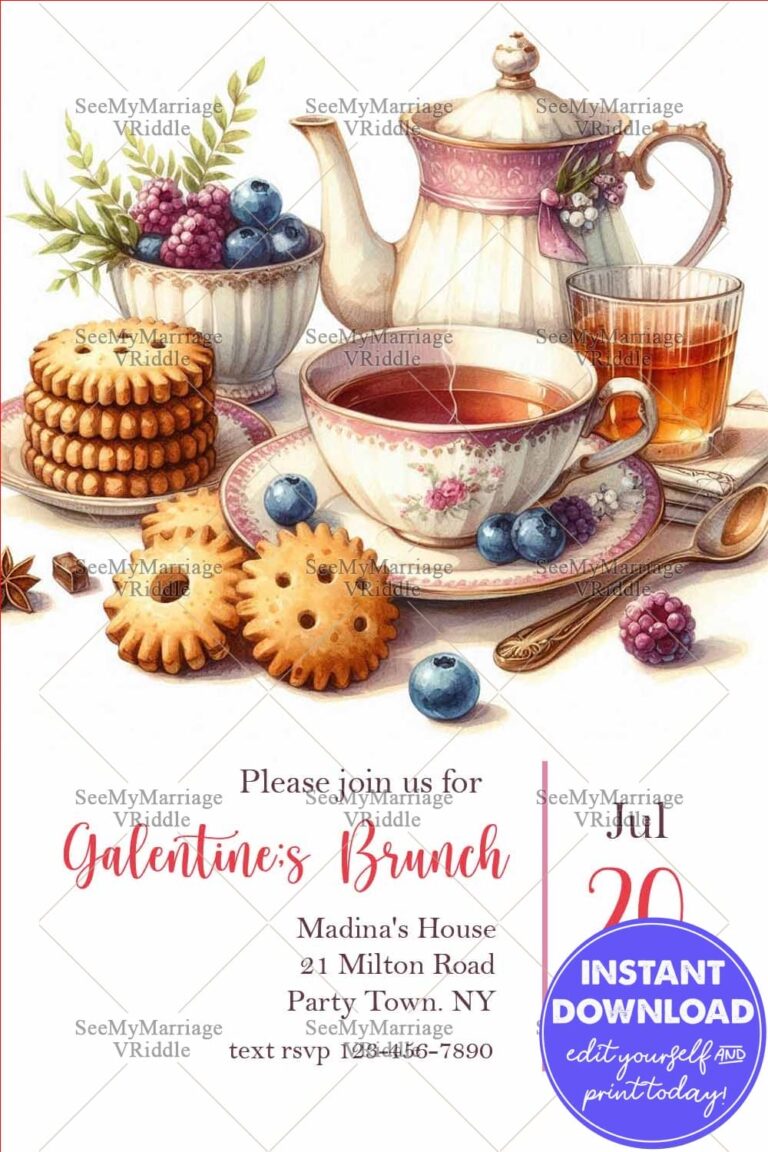 Galentine's Brunch Invitation Vintage Tea Set with Biscuits and Berries Design