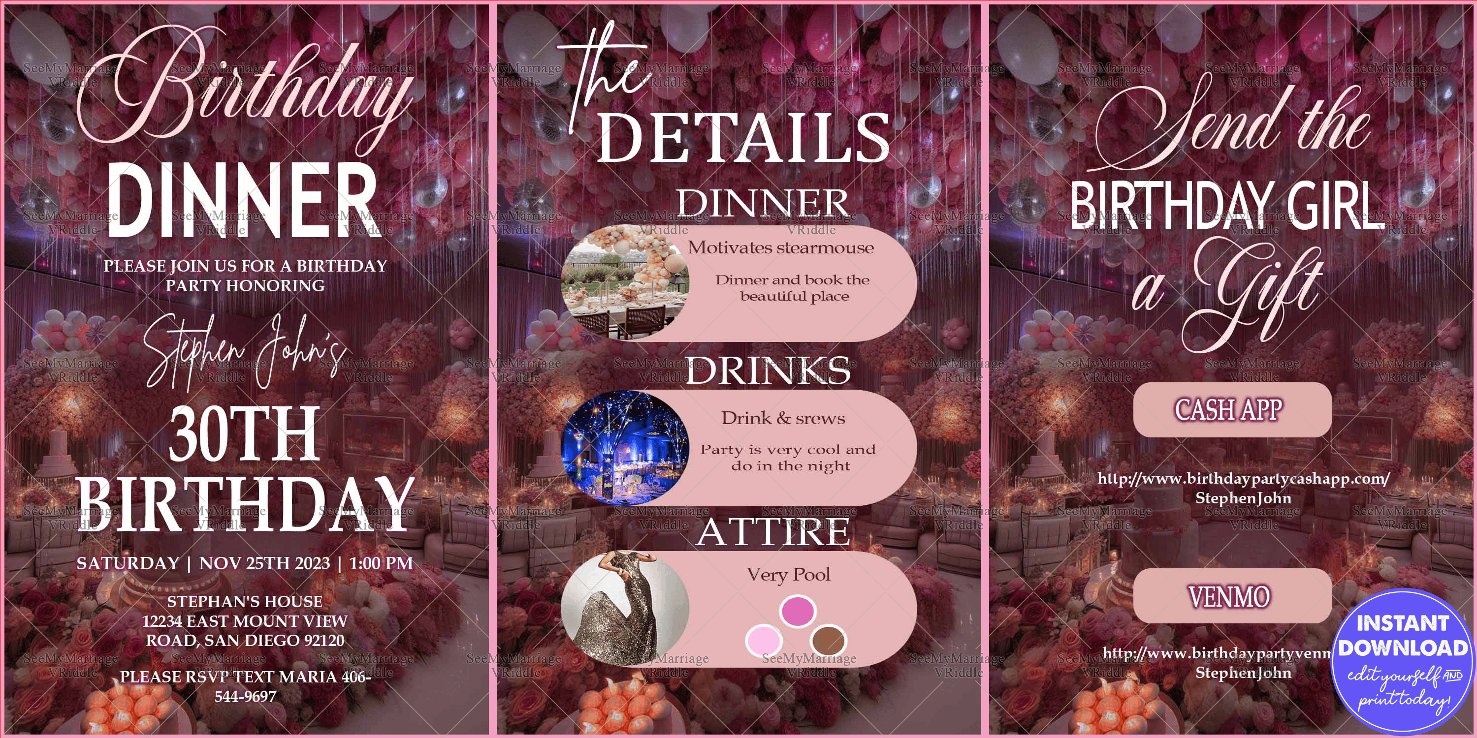 Glamourous 30th Birthday Party Dinner Invitation with Luxurious Floral and Balloon Decor in Pink and Silver