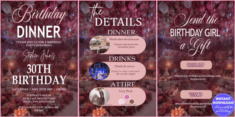 Glamourous 30th Birthday Party Dinner Invitation with Luxurious Floral and Balloon Decor in Pink and Silver