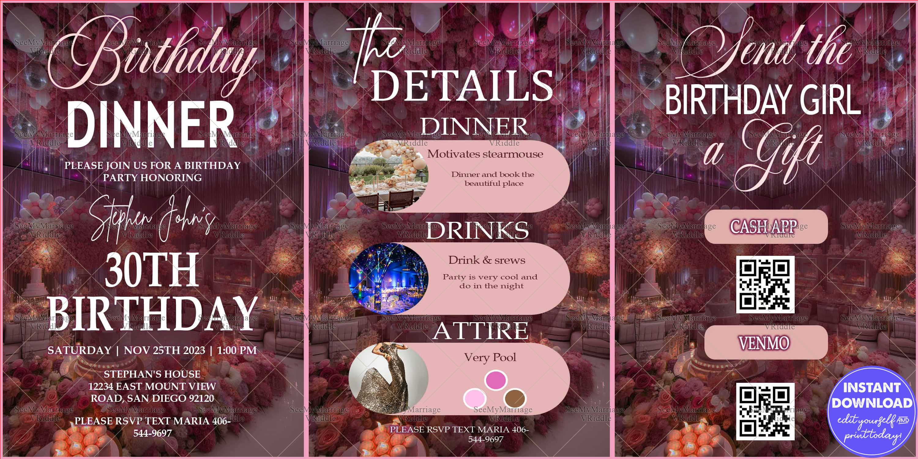 Glamourous 30th Birthday Party Dinner Invitation with Luxurious Floral and Balloon Decor in Pink and Silver