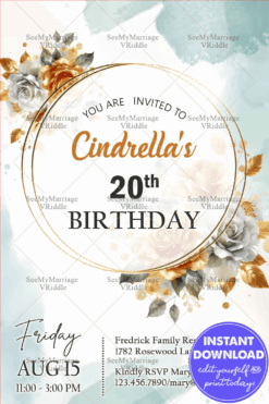 Gold Circle and Roses Birthday Invitation Card