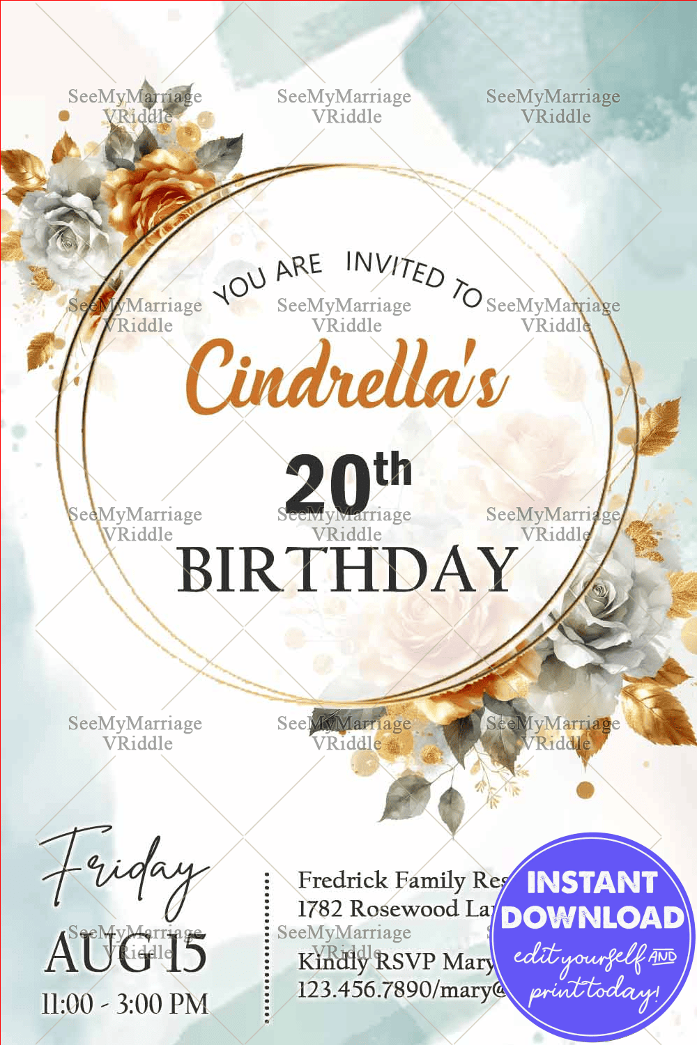 Gold Circle and Roses Birthday Invitation Card
