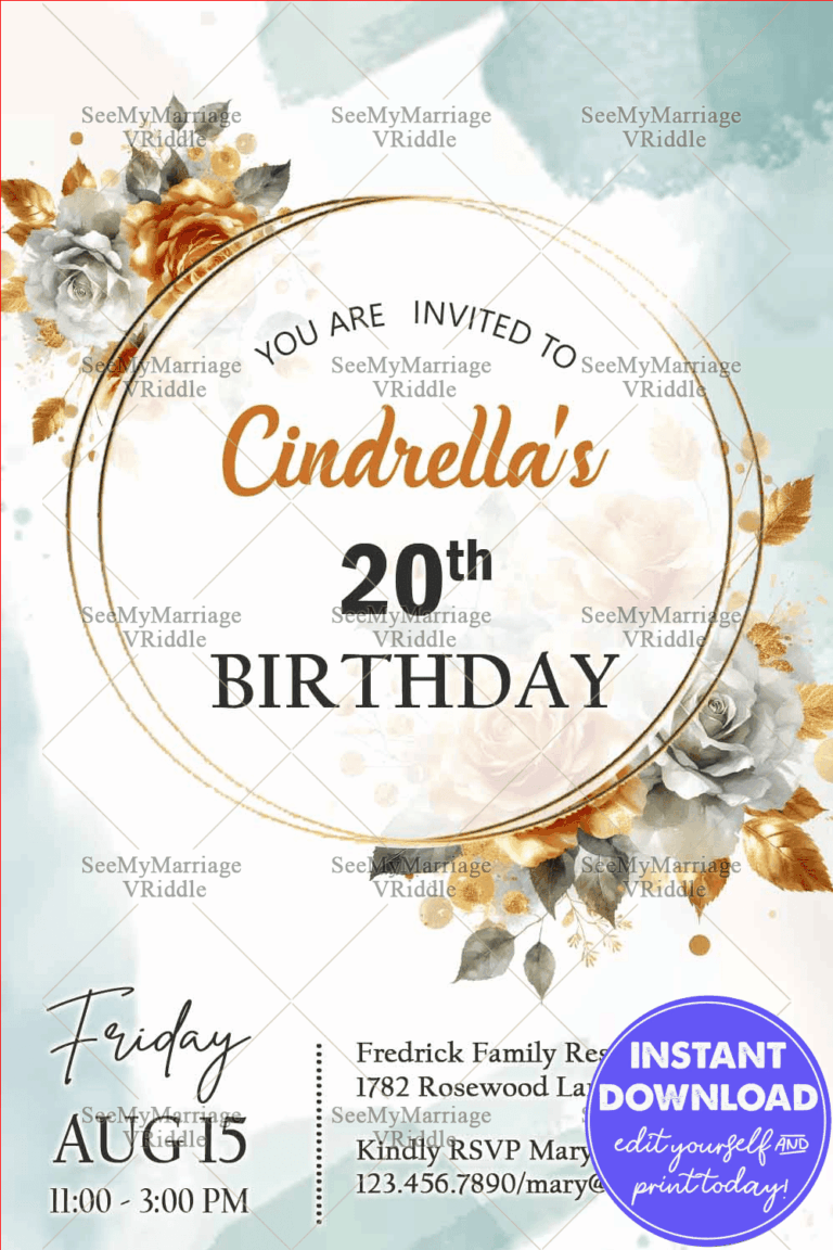 Gold Circle and Roses Birthday Invitation Card