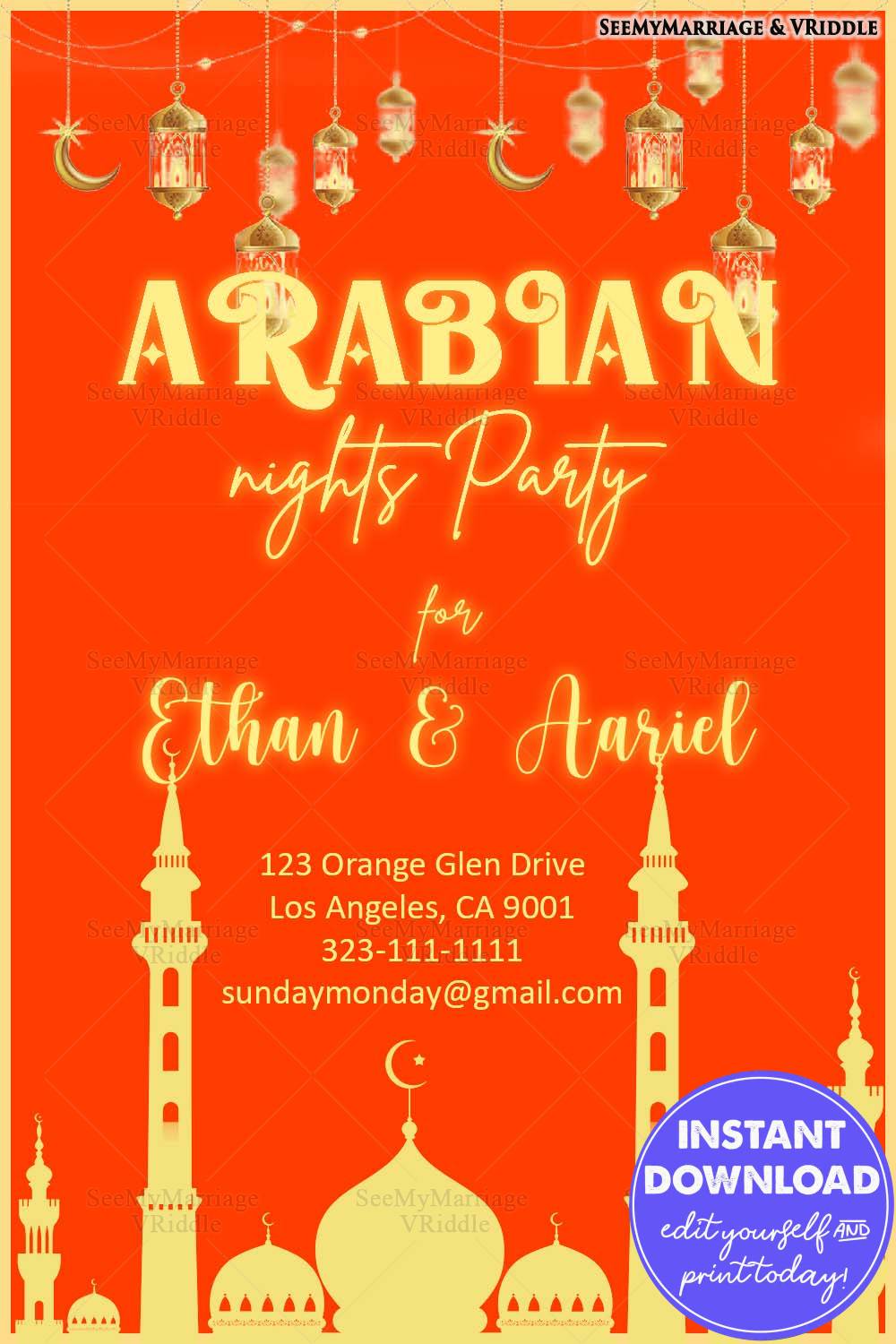 Golden Arabian Nights Party Invitation Featuring Lanterns, Mosques and Orange Background
