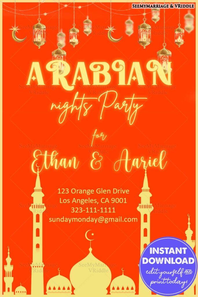 Golden Arabian Nights Party Invitation Featuring Lanterns, Mosques and Orange Background