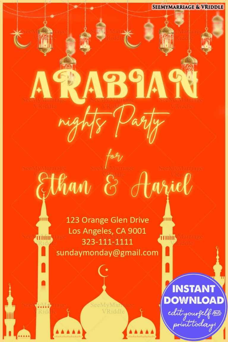 Golden Arabian Nights Party Invitation Featuring Lanterns, Mosques and Orange Background