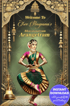 Graceful Arangetram Invitation with Temple Motifs and Dance Pose