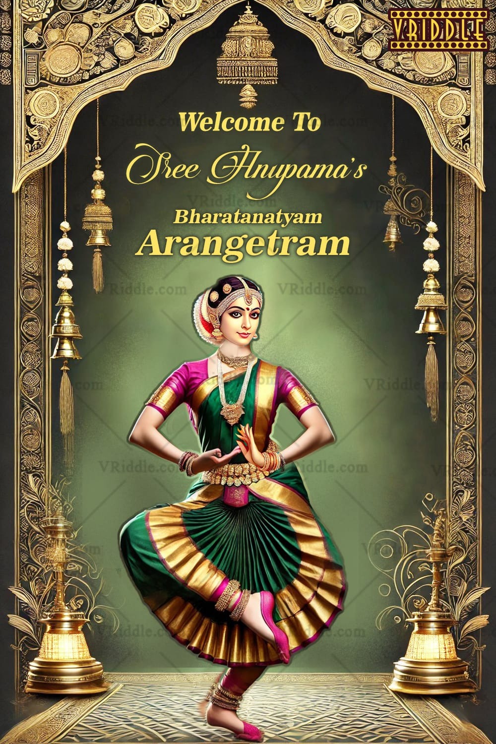 Graceful Arangetram Invitation with Temple Motifs and Dance Pose