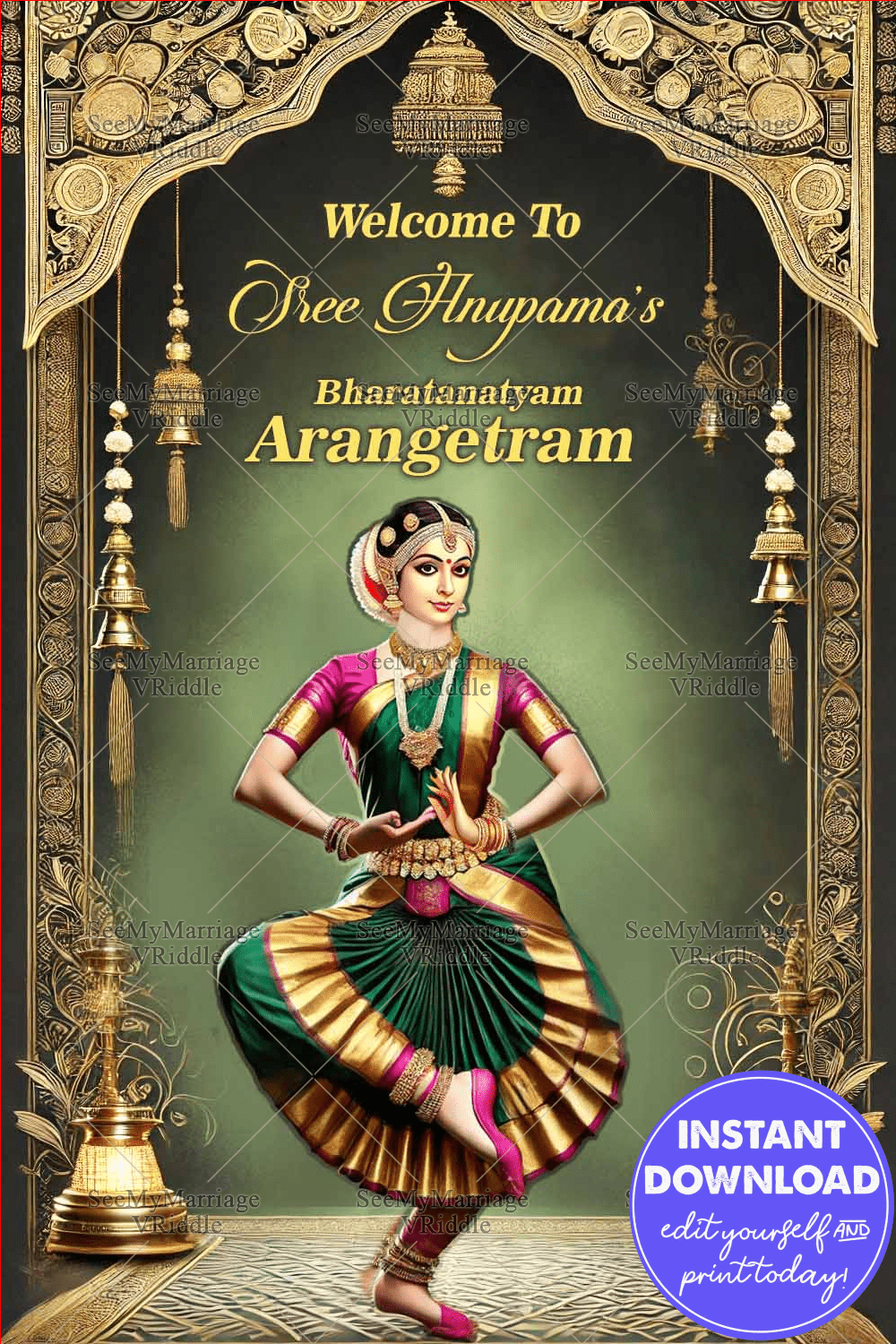 Graceful Arangetram Invitation with Temple Motifs and Dance Pose