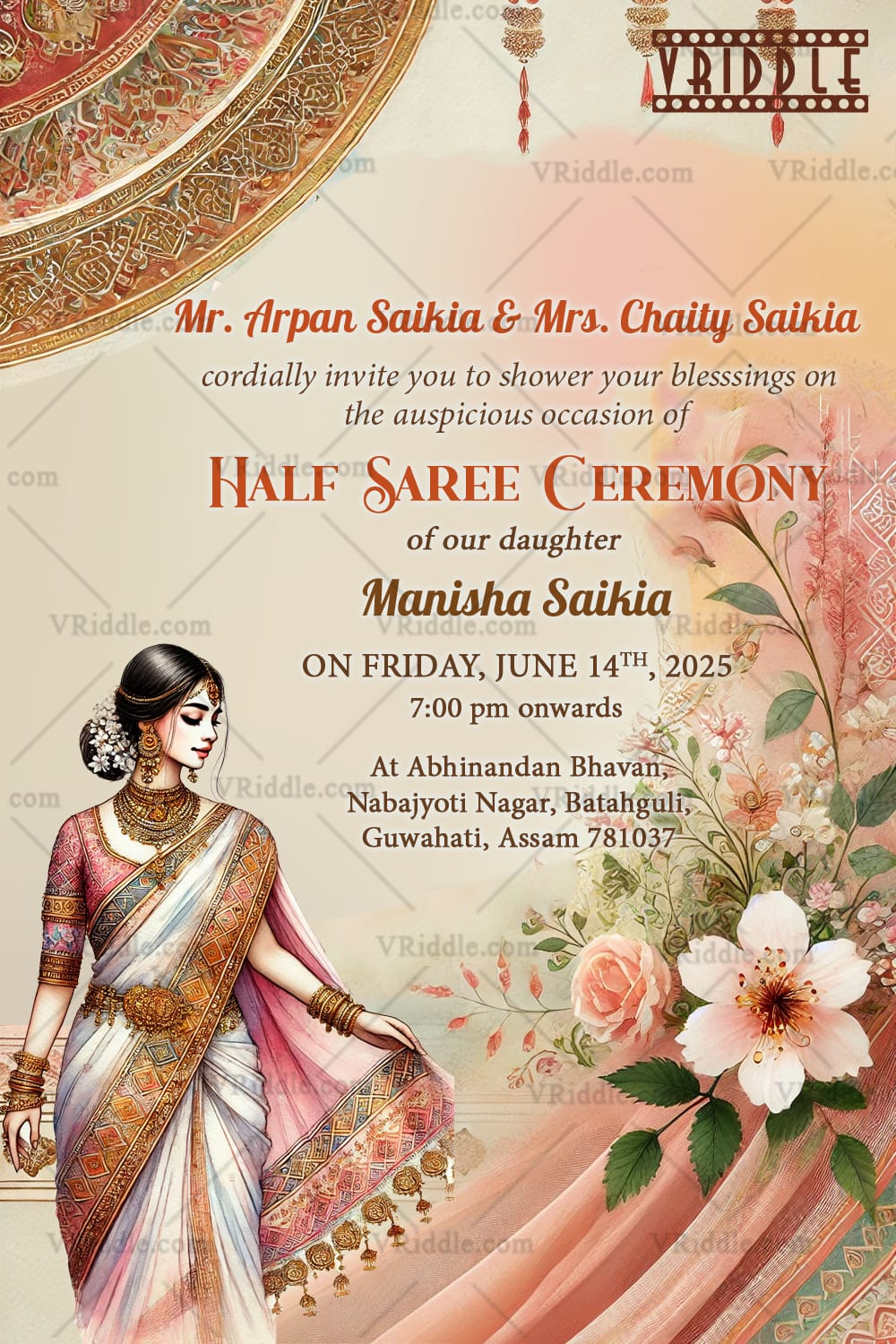 Graceful Floral Half Saree Invitation Featuring Assamese Art