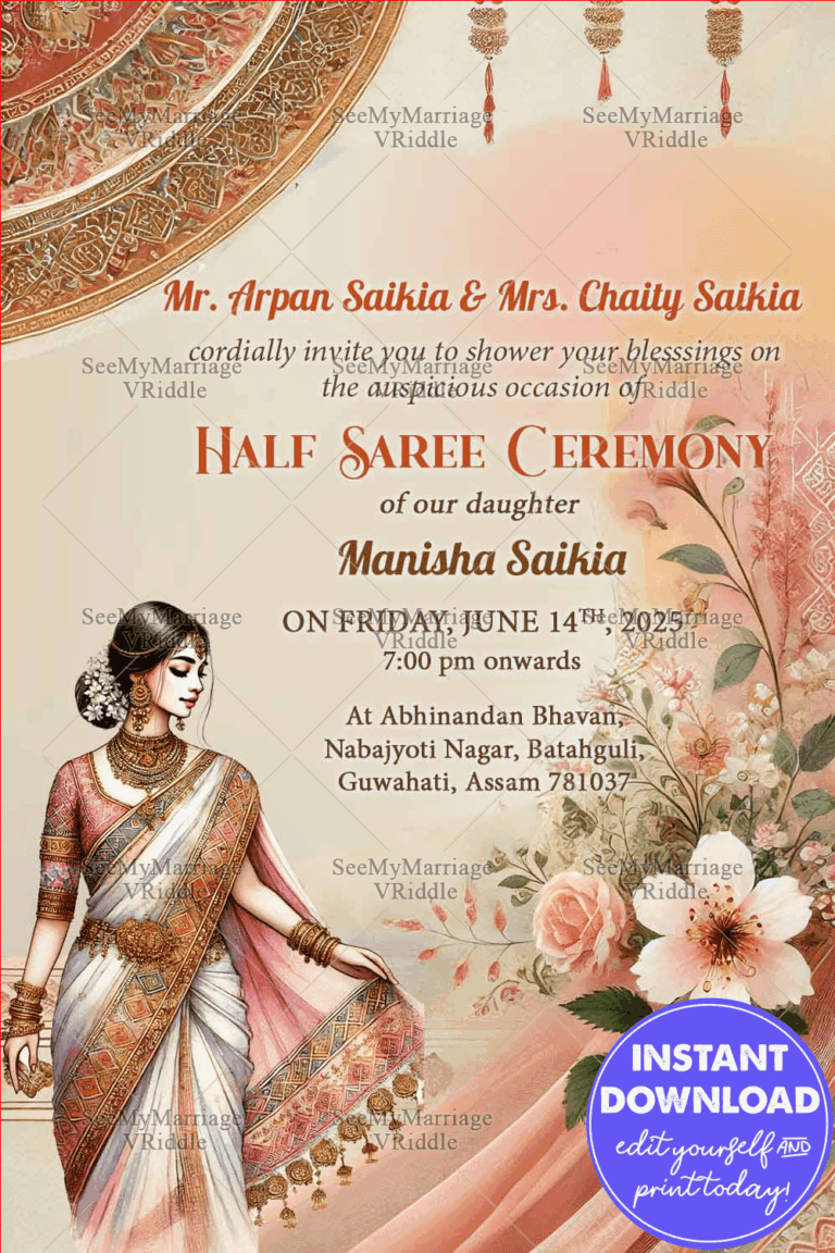 Graceful Floral Half Saree Invitation Featuring Assamese Art