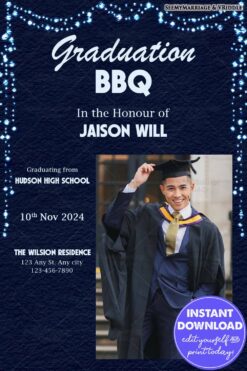 Graduation BBQ Invitation with String Lights and Graduate Photo on a Dark Blue Background