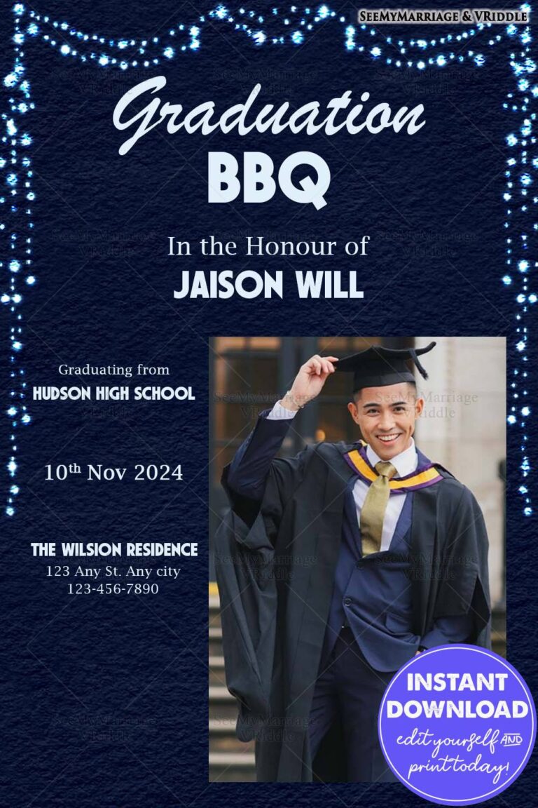 Graduation BBQ Invitation with String Lights and Graduate Photo on a Dark Blue Background