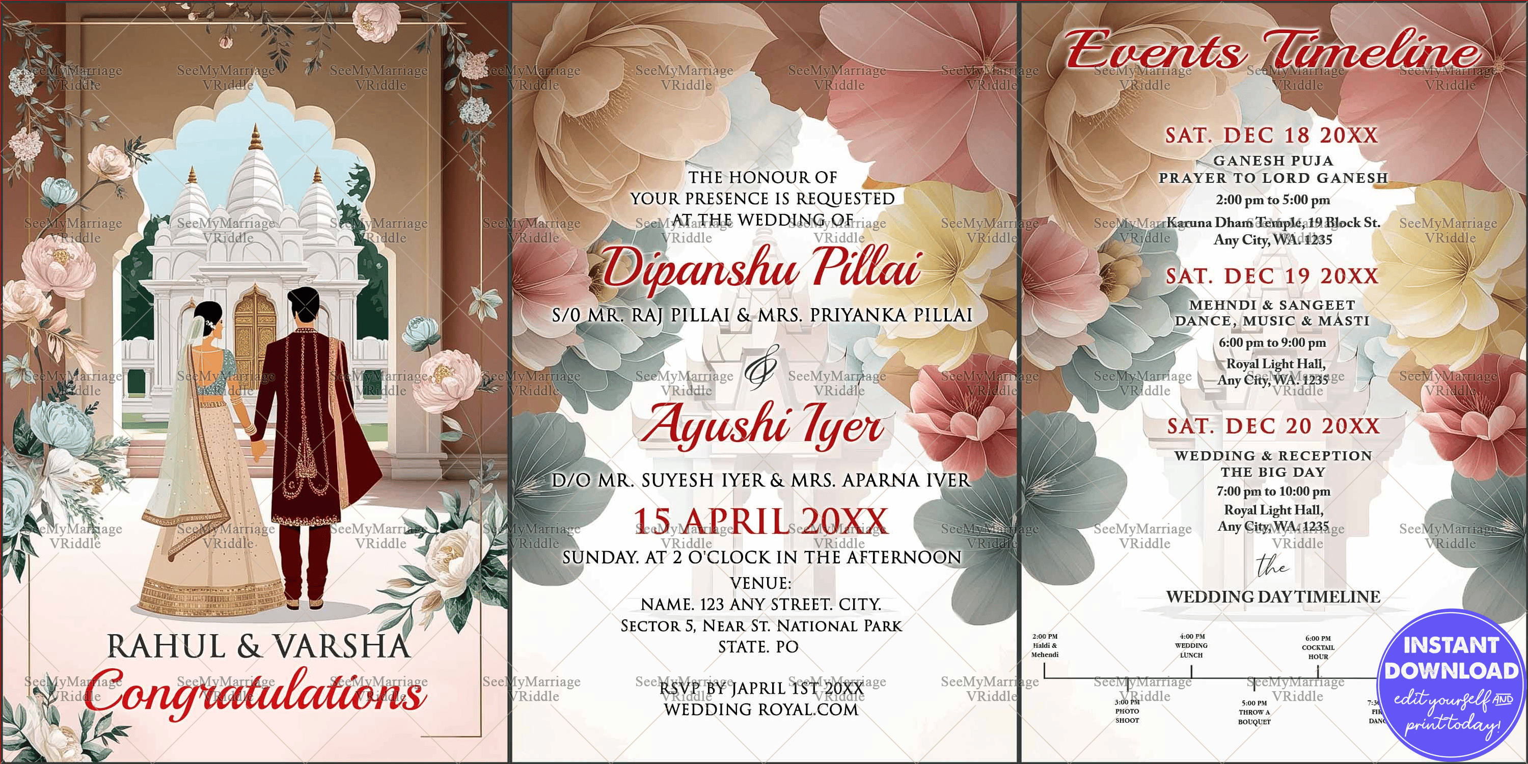 Grand Three-Day Indian Wedding Invitation Suite with Temple Backdrop, Floral Frames, and Couple Illustration