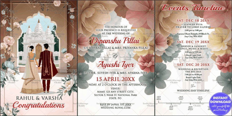 Grand Three-Day Indian Wedding Invitation Suite with Temple Backdrop, Floral Frames, and Couple Illustration