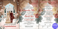 Grand Three-Day Indian Wedding Invitation Suite with Temple Backdrop, Floral Frames, and Couple Illustration