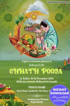 Green Goddess Chhath Puja Invitation Traditional Festive Template
