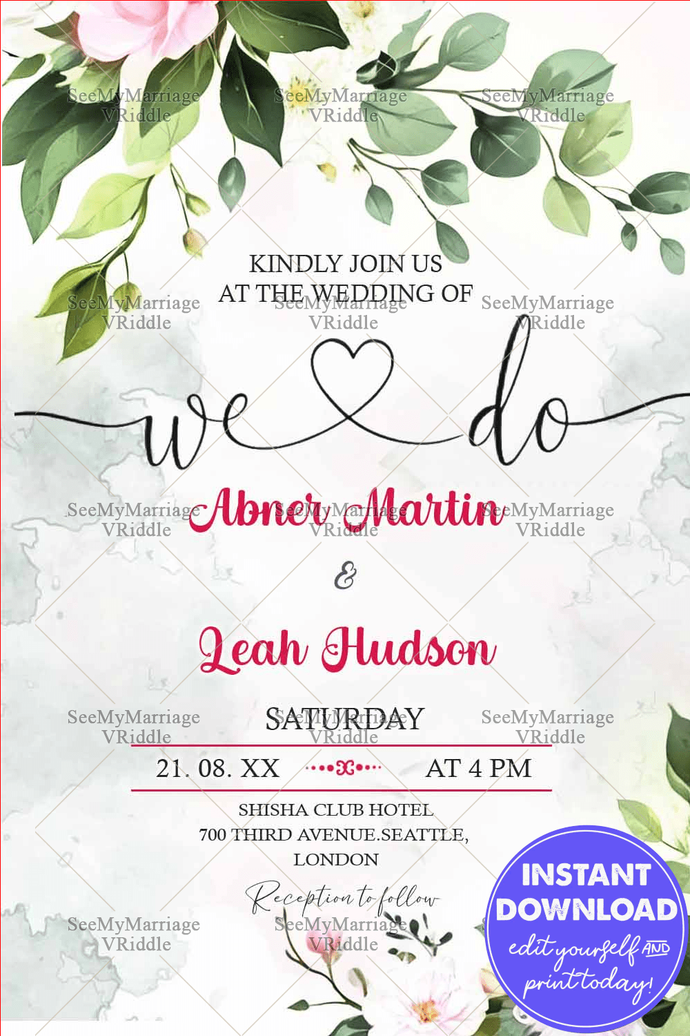Greenery Frame Wedding Invitation with Heart Motif, Floral Accents and Watercolor Foliage on Soft Pink Background