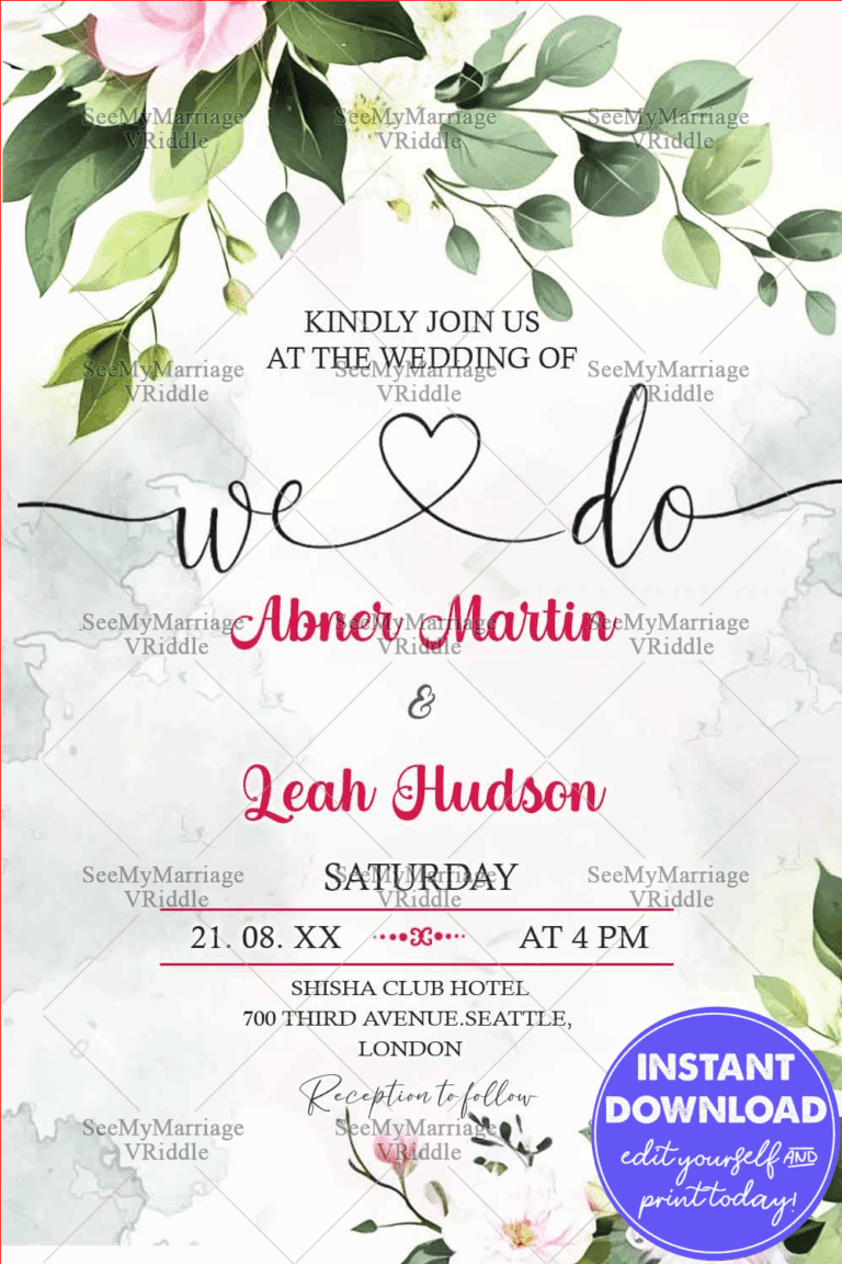 Greenery Frame Wedding Invitation with Heart Motif, Floral Accents and Watercolor Foliage on Soft Pink Background
