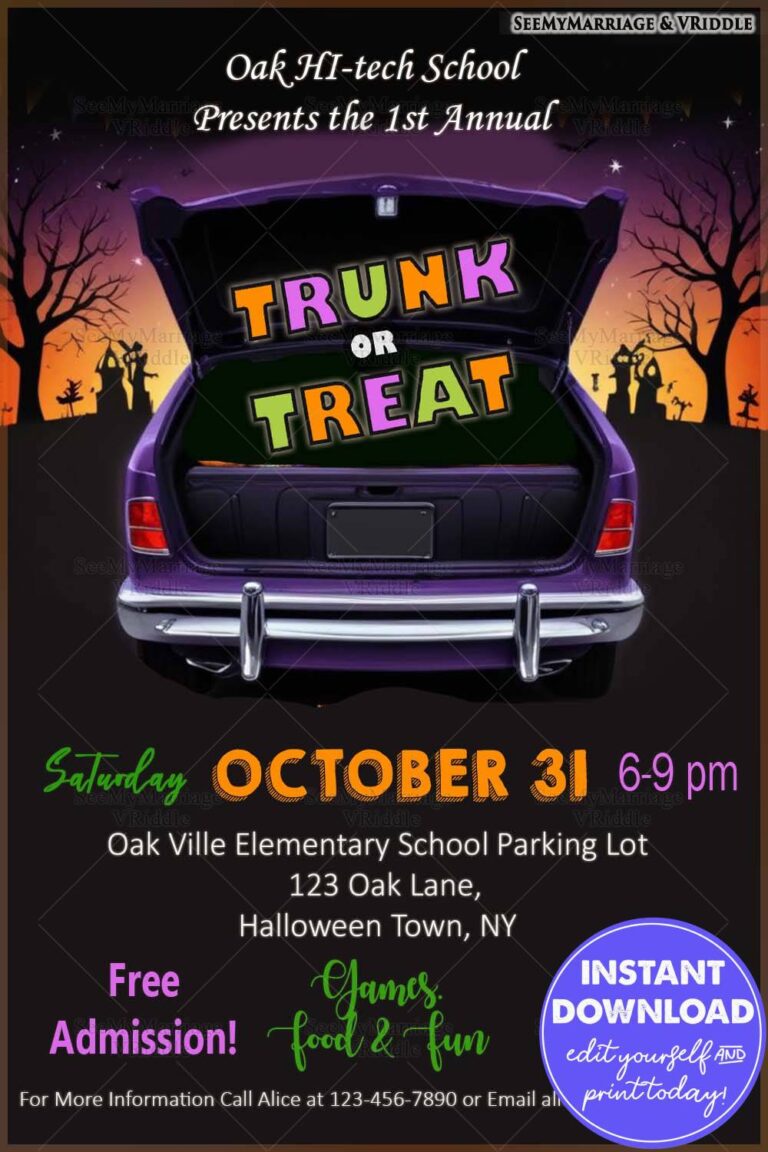Halloween Trunk or Treat Poster with Vibrant Design and Spooky Car Trunk Illustration