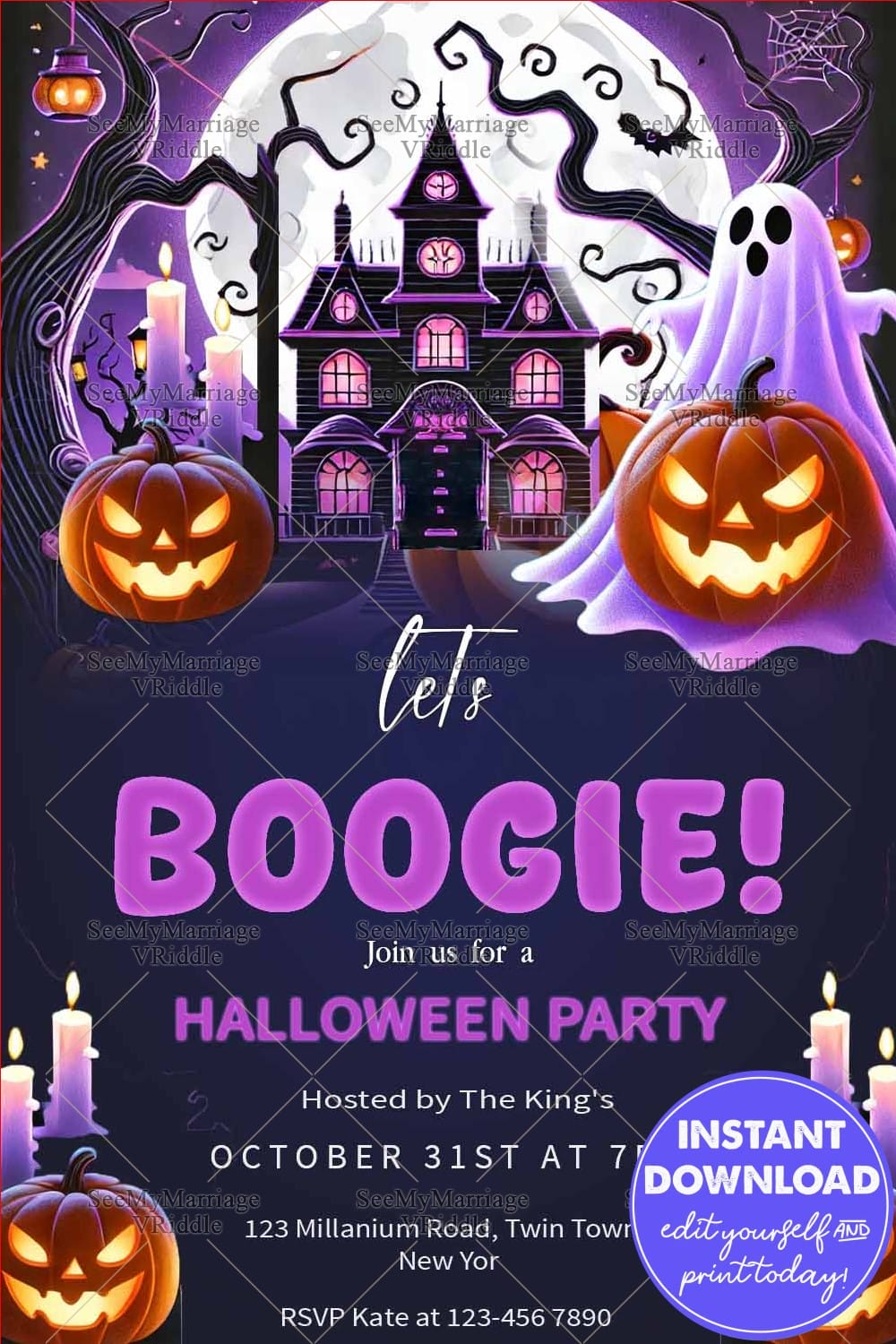 Haunted House Halloween Party Invitation with Ghost and Pumpkins