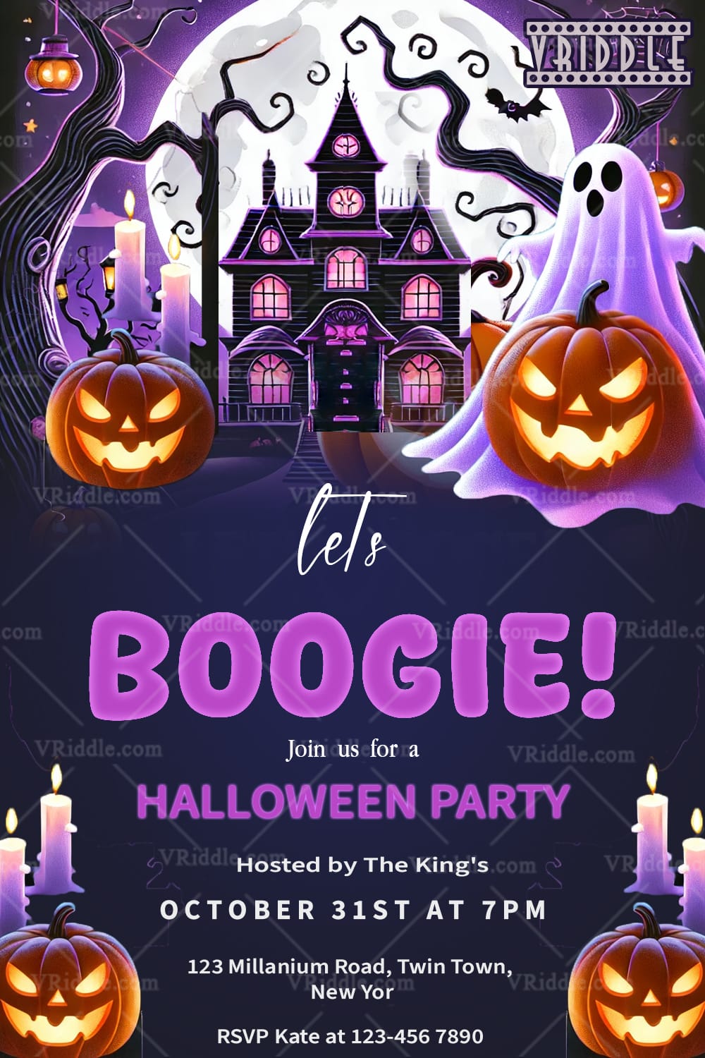 Haunted House Halloween Party Invitation with Ghost and Pumpkins