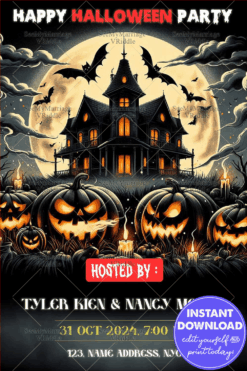 Haunted House Halloween Party Invitation with Glowing Pumpkins and Bats under a Full Moon