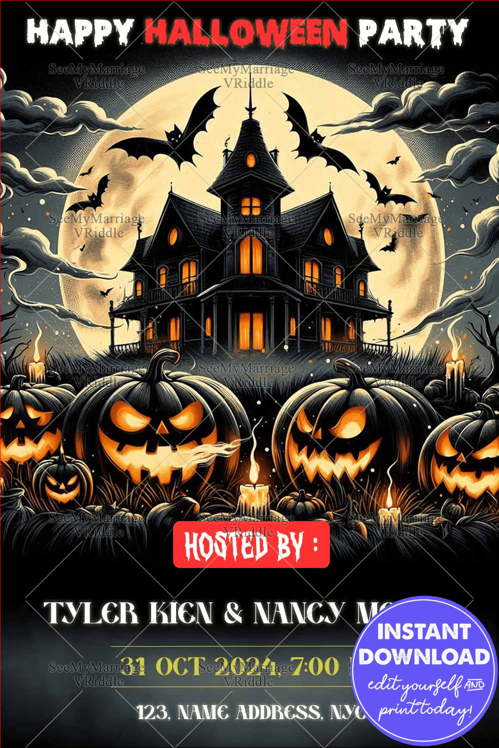 Haunted House Halloween Party Invitation with Glowing Pumpkins and Bats under a Full Moon