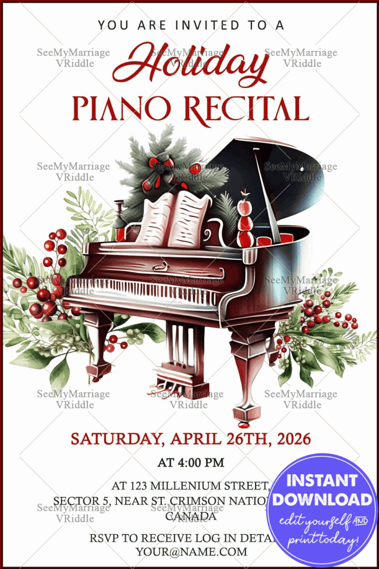 Holiday Piano Recital Invitation with Festive Holly Decor and Classic Grand Piano Illustration