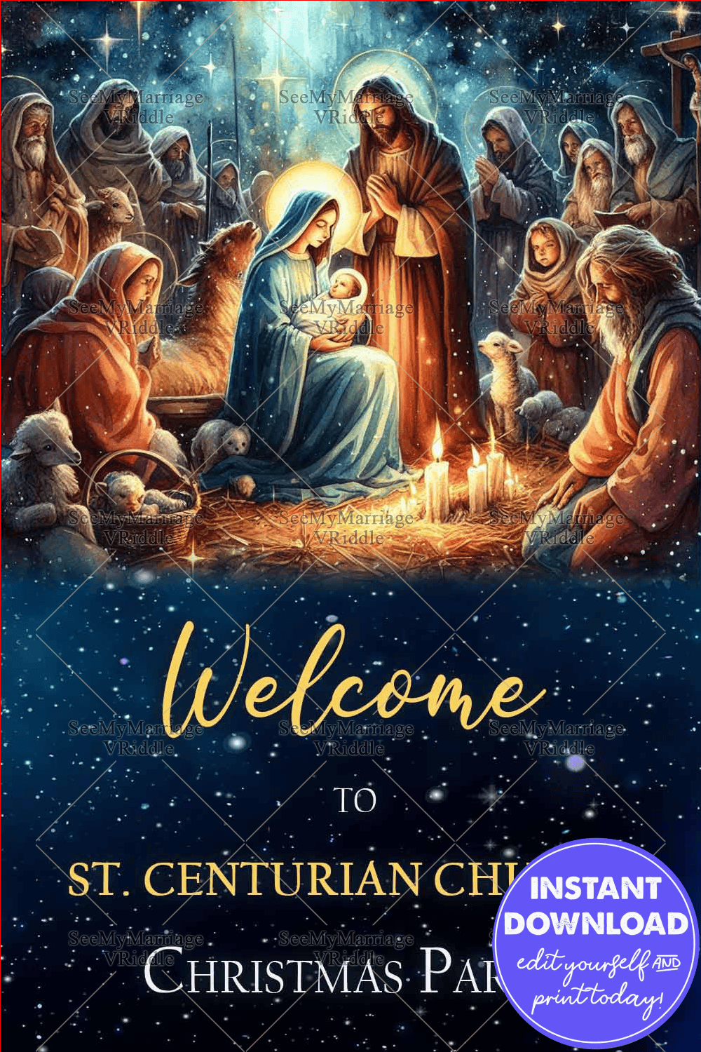 Holy Night-Themed Banner in Midnight Blue and Gold for Church Christmas Party