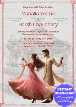 Indian Wedding Invitation with Dancing Couple Illustration and Floral Border in Pink and Beige Tones