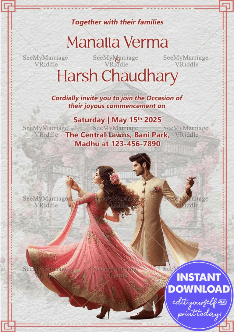 Indian Wedding Invitation with Dancing Couple Illustration and Floral Border in Pink and Beige Tones