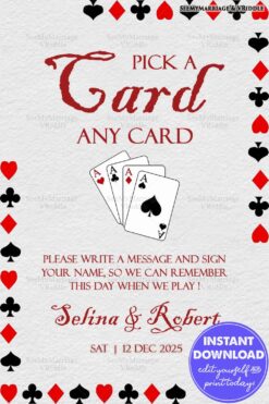 Interactive Playing Card-Themed Wedding Keepsake Invitation with Red, Black, and White Design Accents
