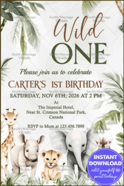 Jungle-Themed 1st Birthday Invitation with Adorable Safari Animals and Tropical Greenery