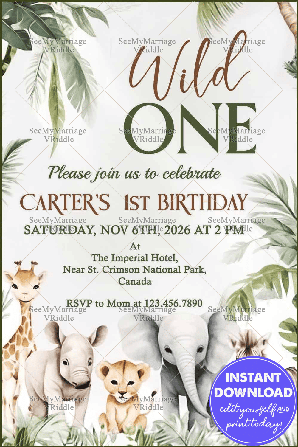 Jungle-Themed 1st Birthday Invitation with Adorable Safari Animals and Tropical Greenery