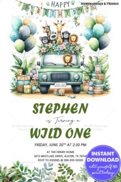 Jungle-Themed First Birthday Invitation with Safari Animals and Balloons