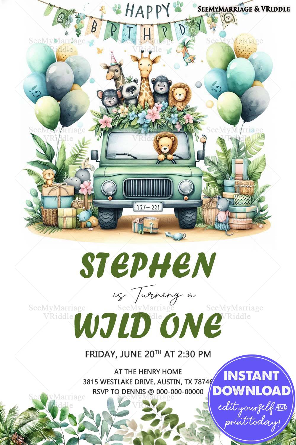 Jungle-Themed First Birthday Invitation with Safari Animals and Balloons